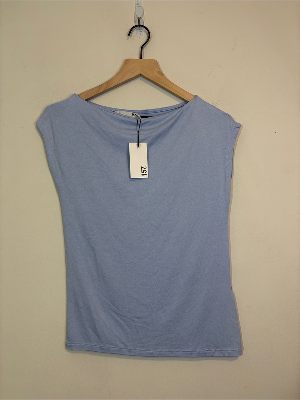 NWT “Livia” Asymmetrical Basic Boat Neck Tee Pale Baby Blue Swedish Brand Euro